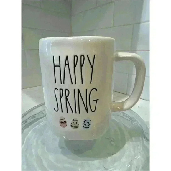 RAE DUNN Easter "HAPPY SPRING" Mug With Watercolor Eggs & Green Inside - Picture 1 of 8